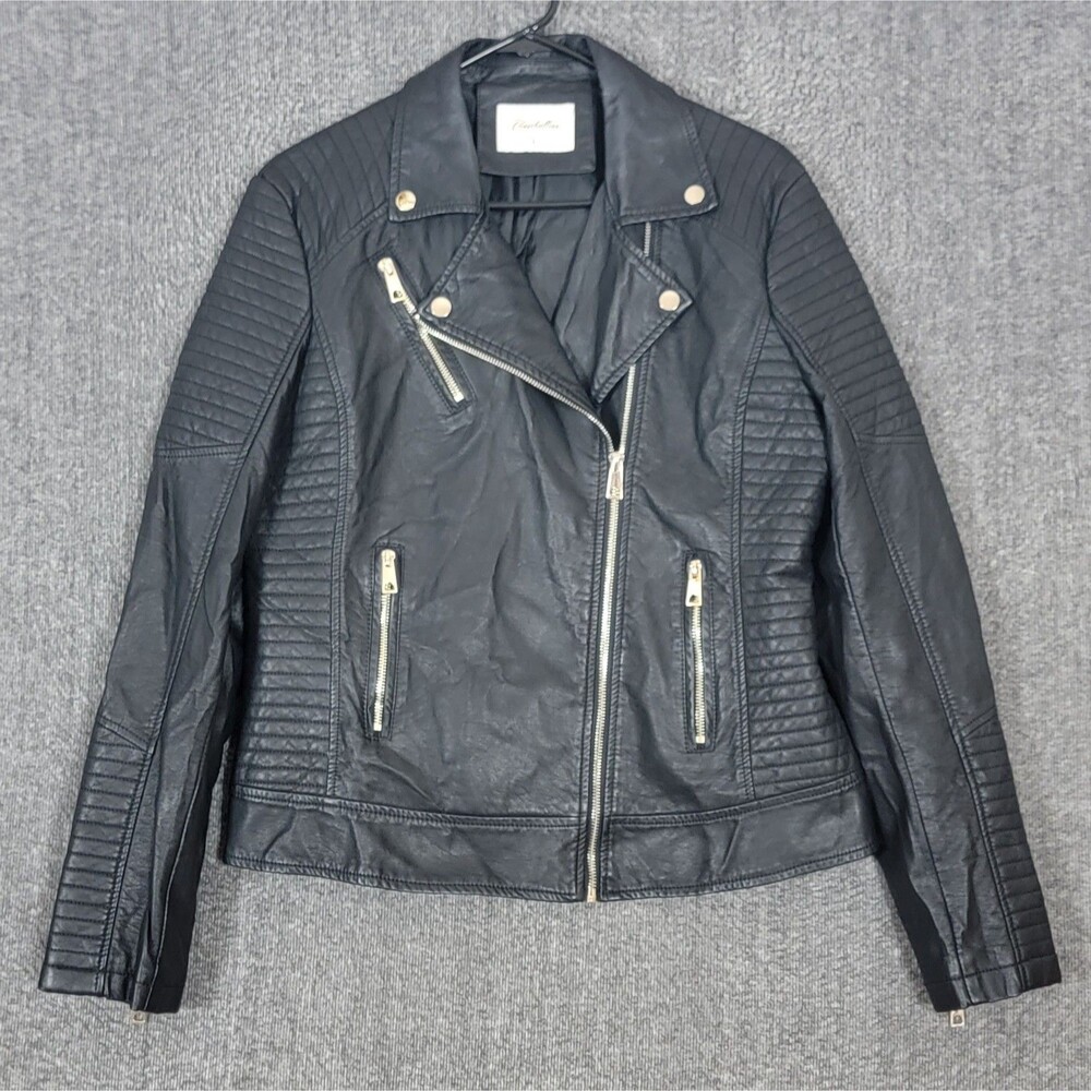 Geschallino Jacket Womens Large Black Faux Leather Moto Biker Crop Motorcycle